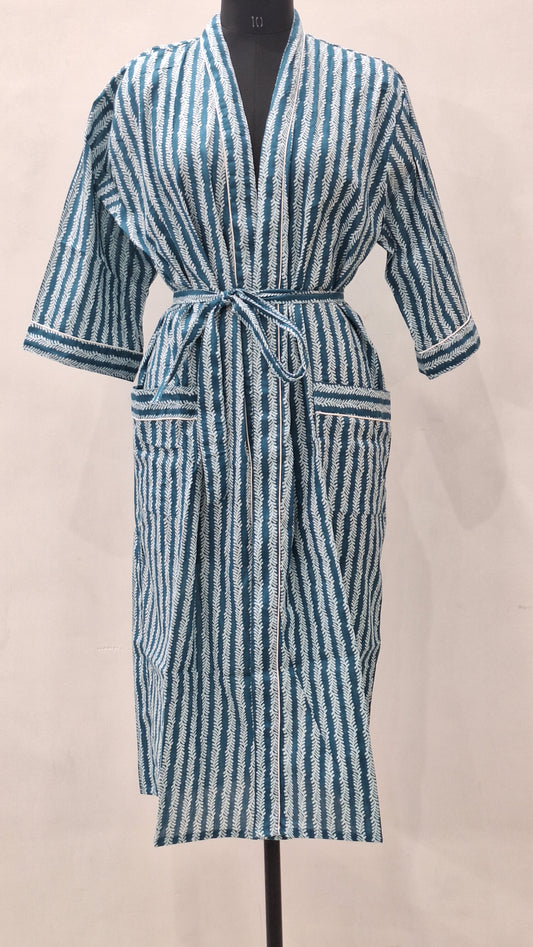 Handcrafted Teal Botanical Print Cotton Kimono Style Lounge Robe