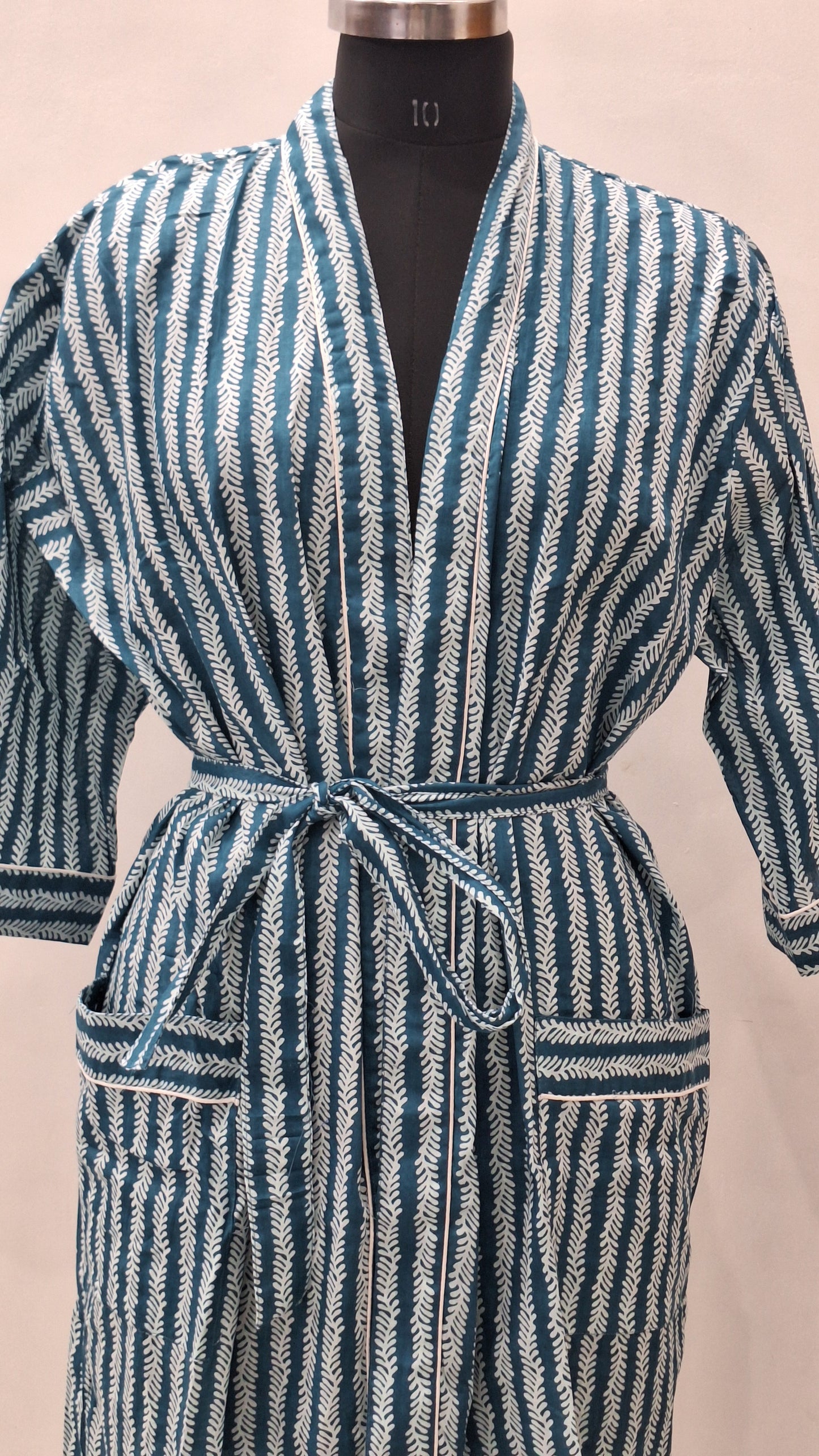 Handcrafted Teal Botanical Print Cotton Kimono Style Lounge Robe