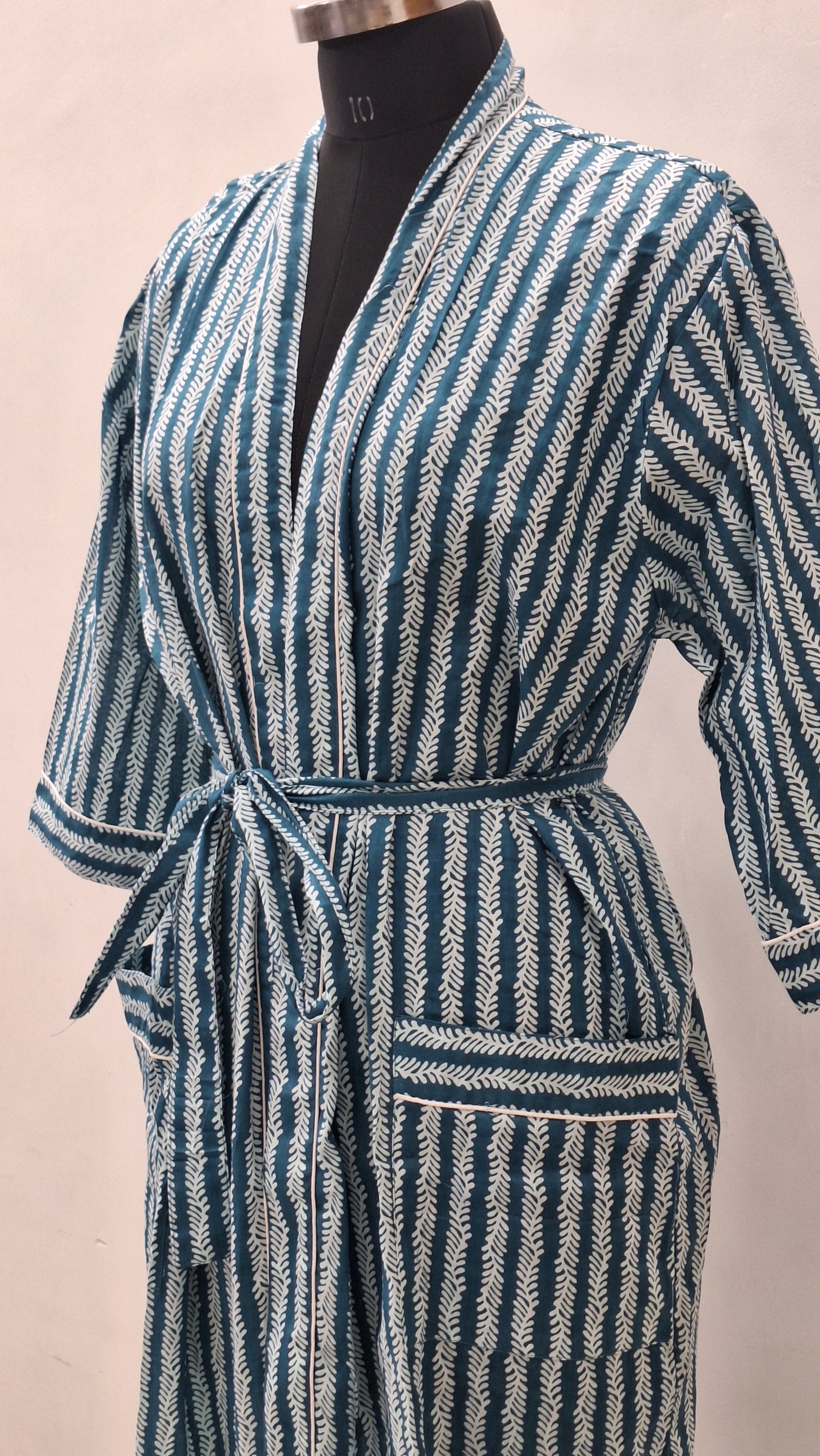 Handcrafted Teal Botanical Print Cotton Kimono Style Lounge Robe