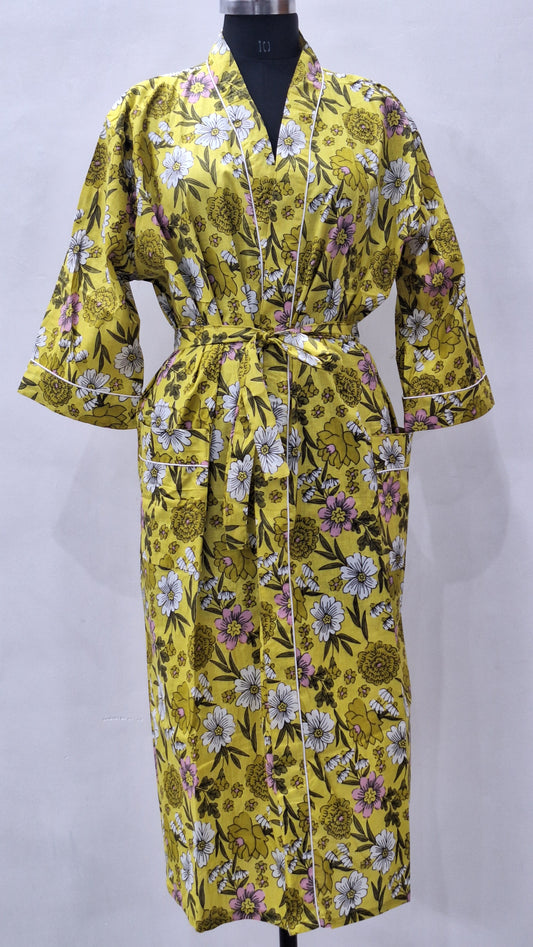 Floral Yellow Cotton Lounge Bathrobe