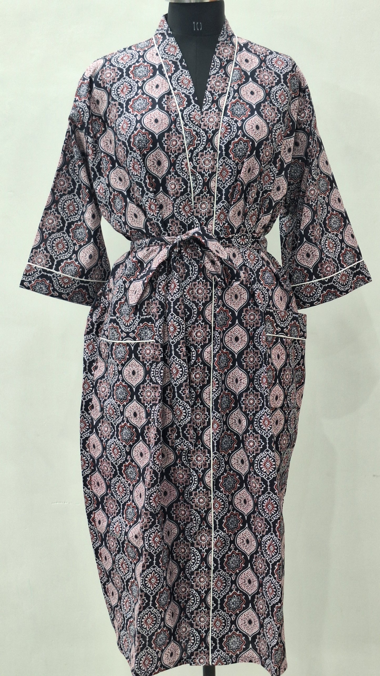 Block printed cotton bathrobe