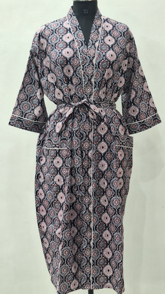 Block printed cotton bathrobe