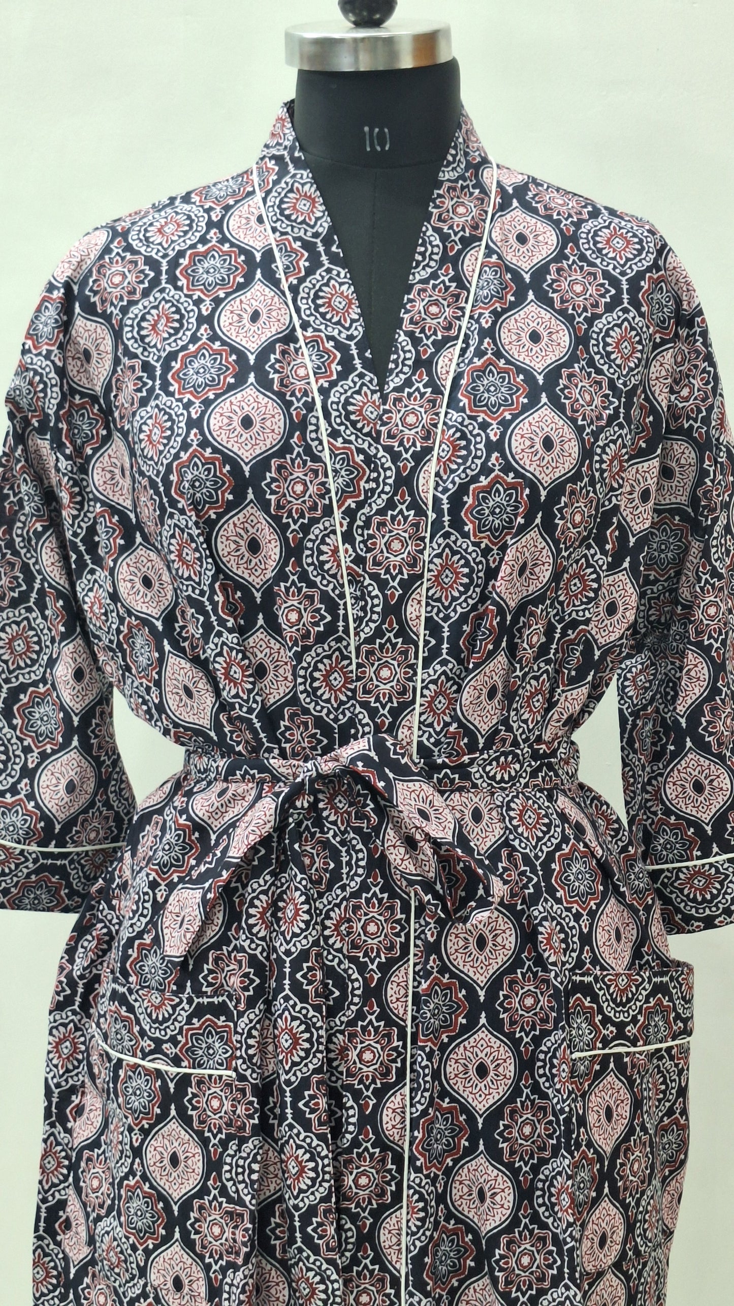 Block printed cotton bathrobe