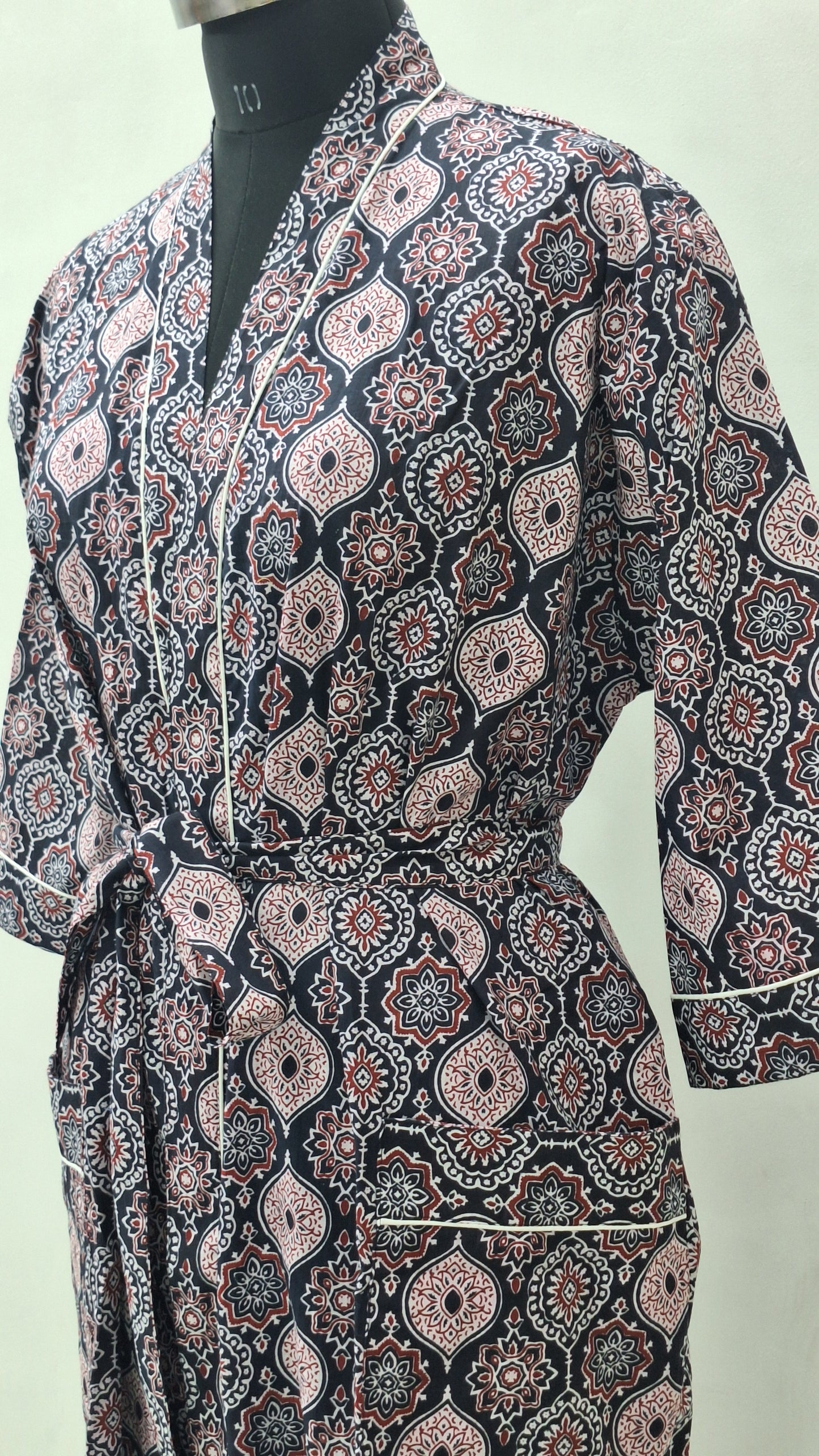 Block printed cotton bathrobe