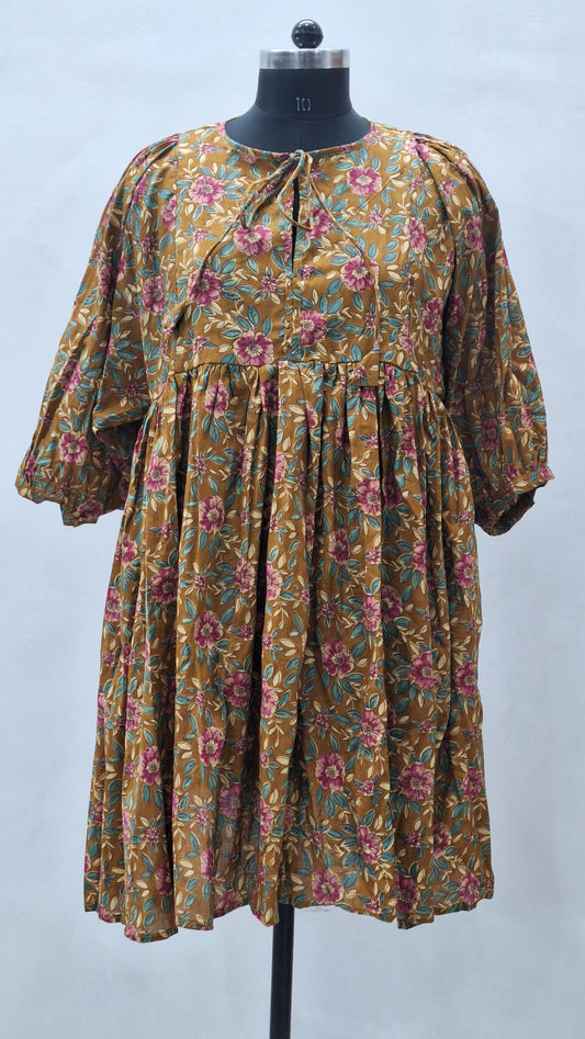 Summer Brown Colour Printed Cotton Midi Dress For women