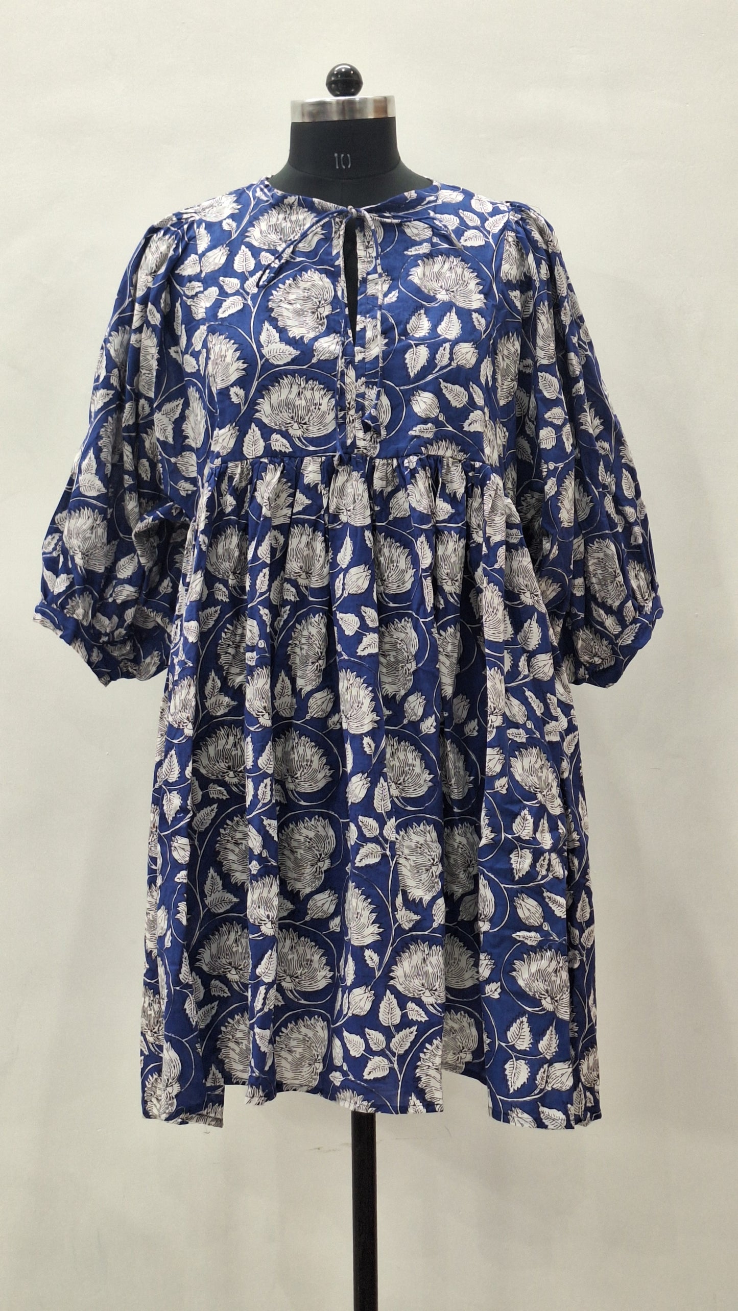 Indigo Blue Floral Midi Dress White Cotton Boho Summer Dress