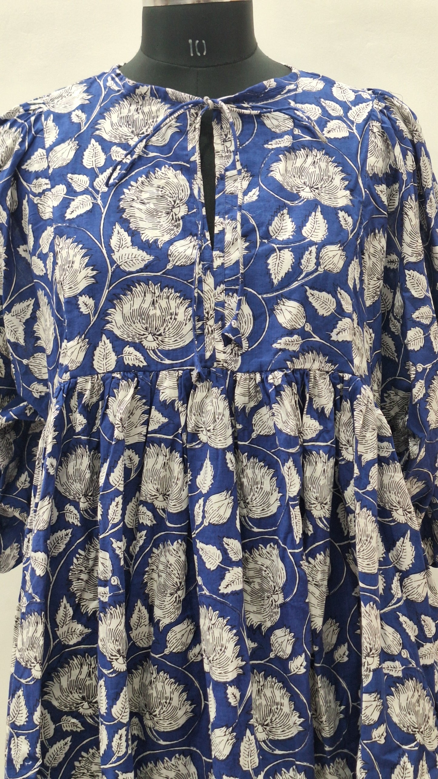 Indigo Blue Floral Midi Dress White Cotton Boho Summer Dress