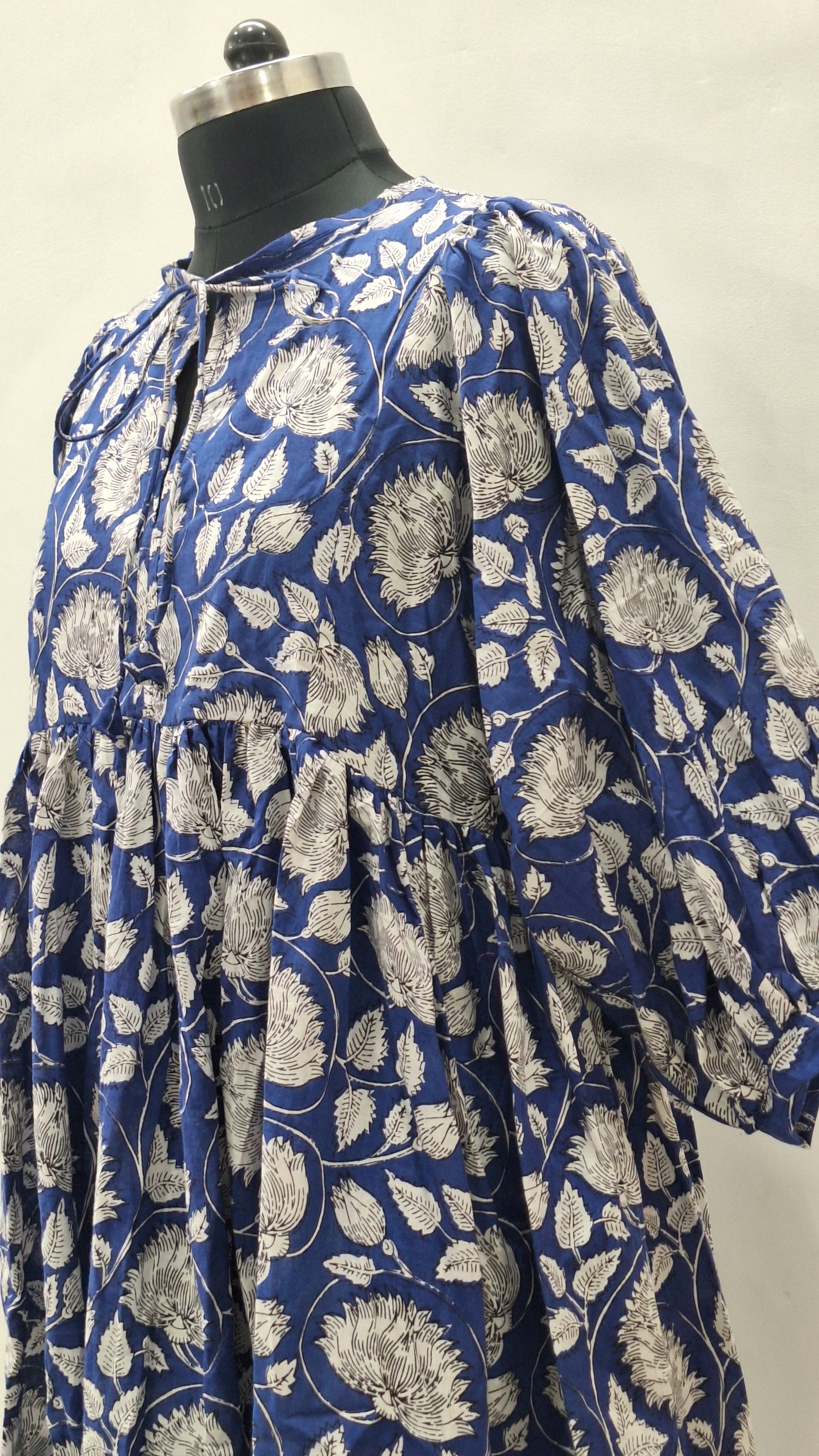 Indigo Blue Floral Midi Dress White Cotton Boho Summer Dress
