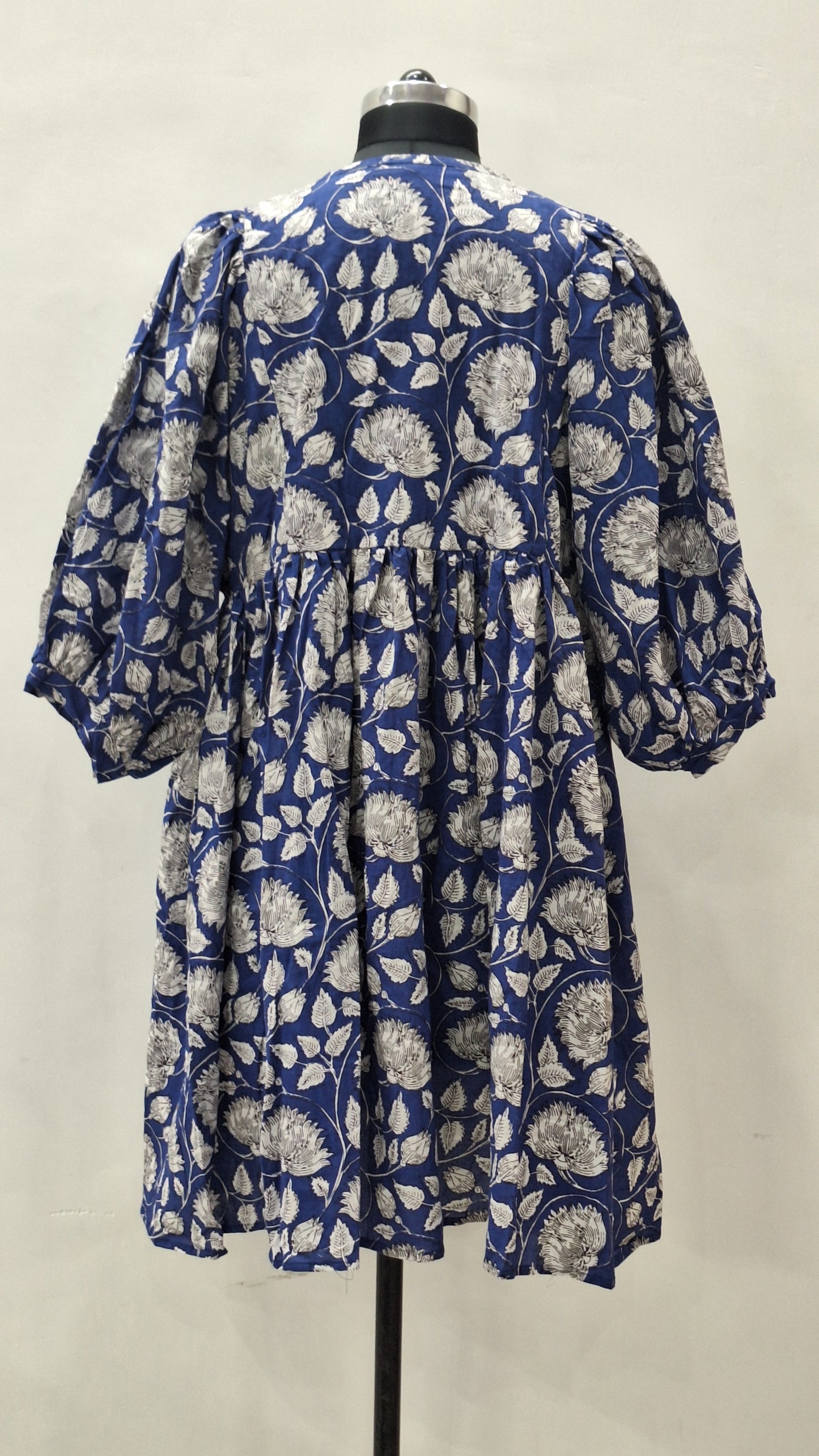 Indigo Blue Floral Midi Dress White Cotton Boho Summer Dress