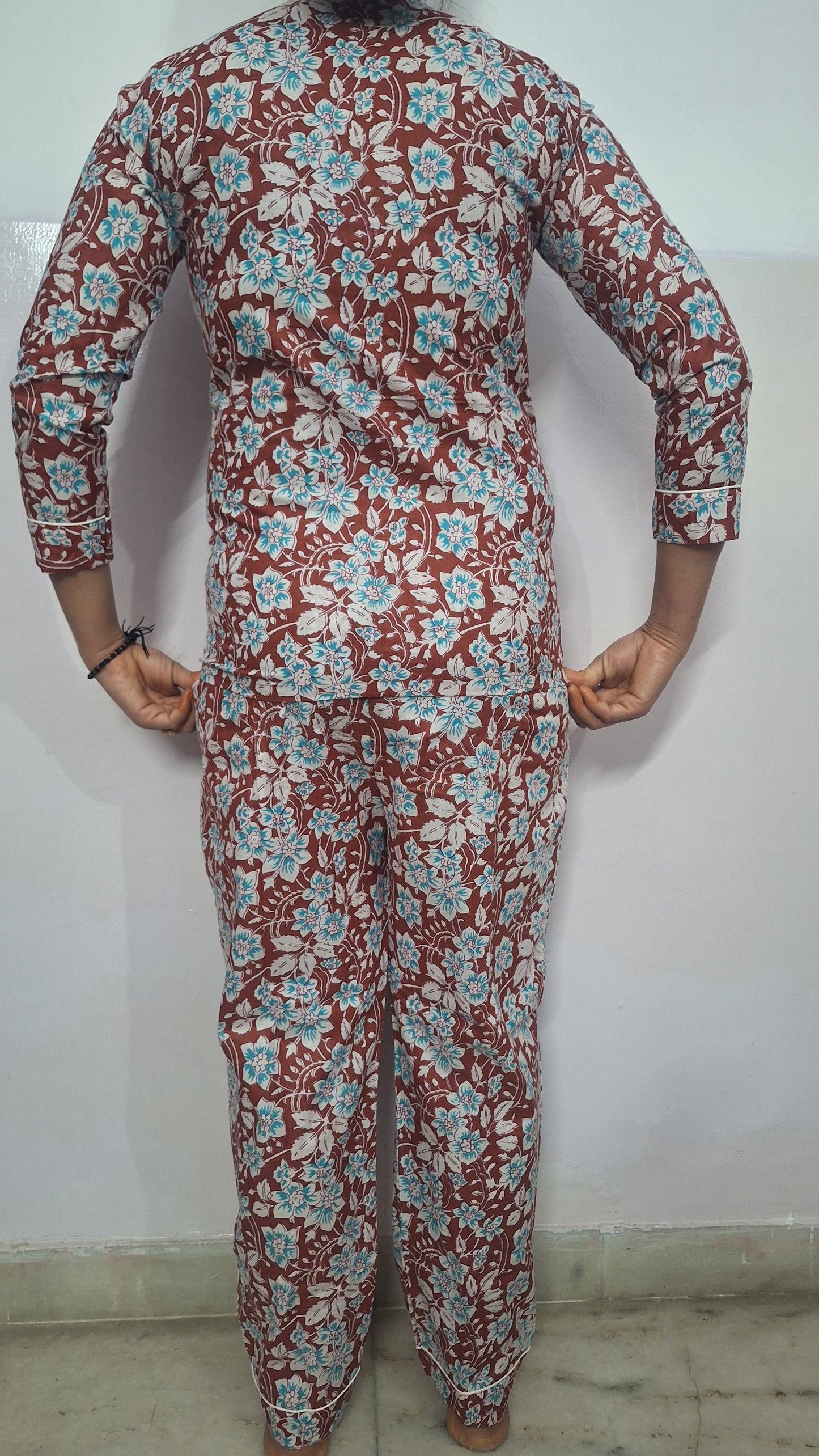 Maroon Floral Hand Block Printed Cotton Night Suit