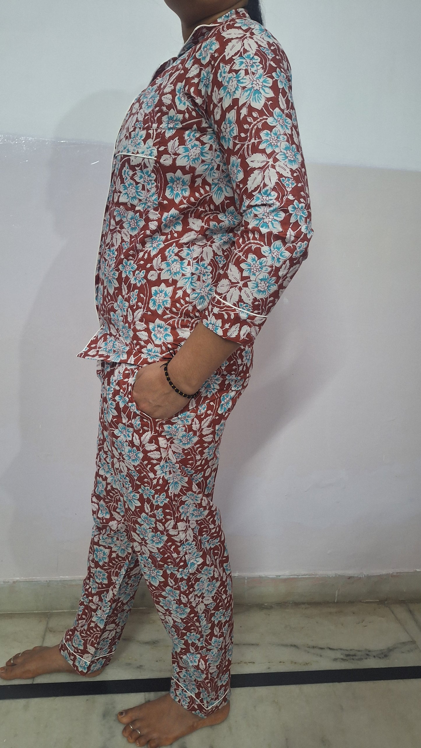 Maroon Floral Hand Block Printed Cotton Night Suit
