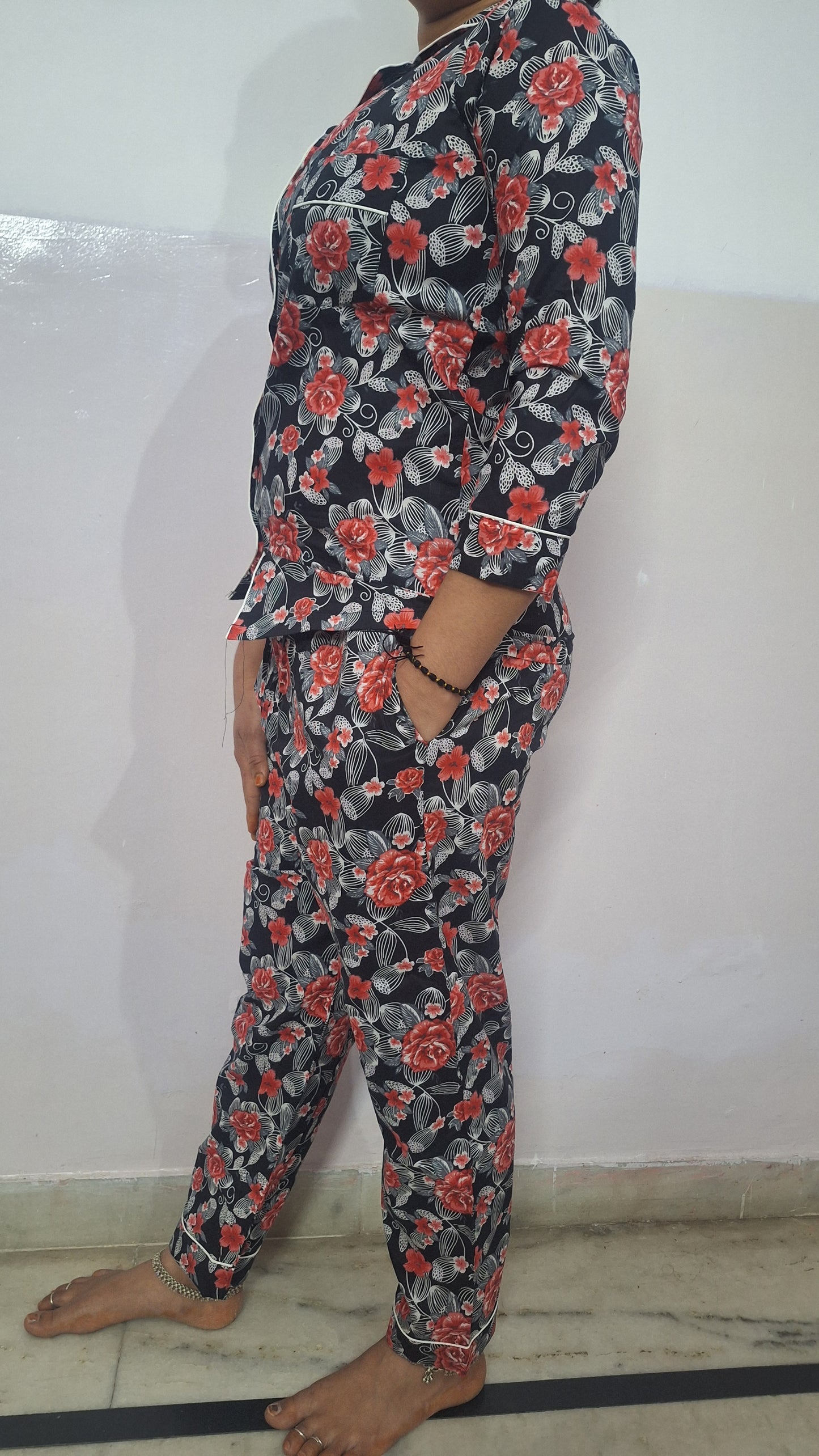 Black Floral Print Women`s Night Suit