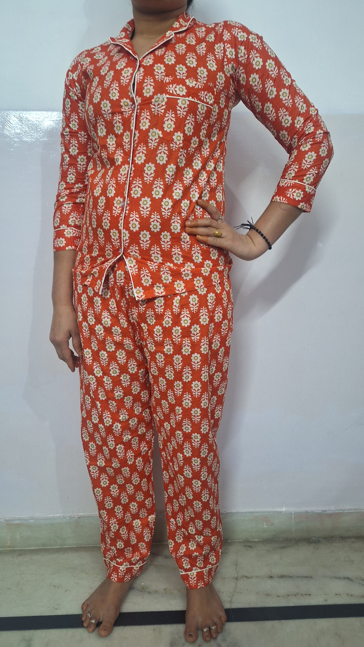 Orange Floral Booti Printed Cotton Lady Night Suit