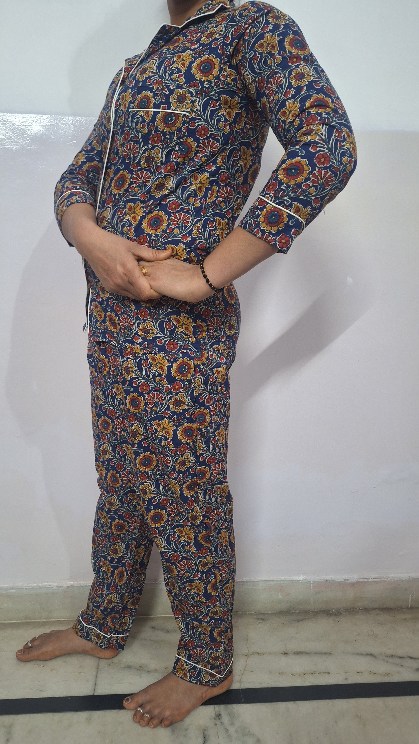 Navy Blue Floral Printed Cotton Night Suit for Summers