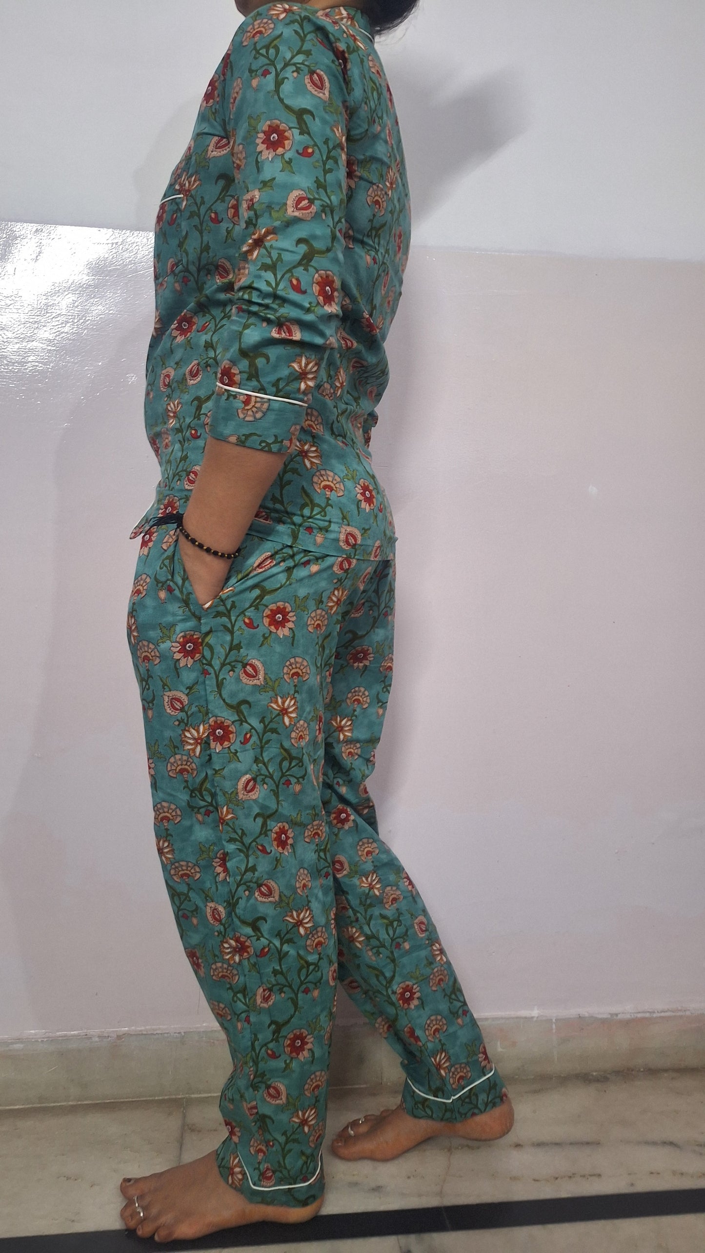 Turquoise Blue Floral Printed Cotton Night Suit