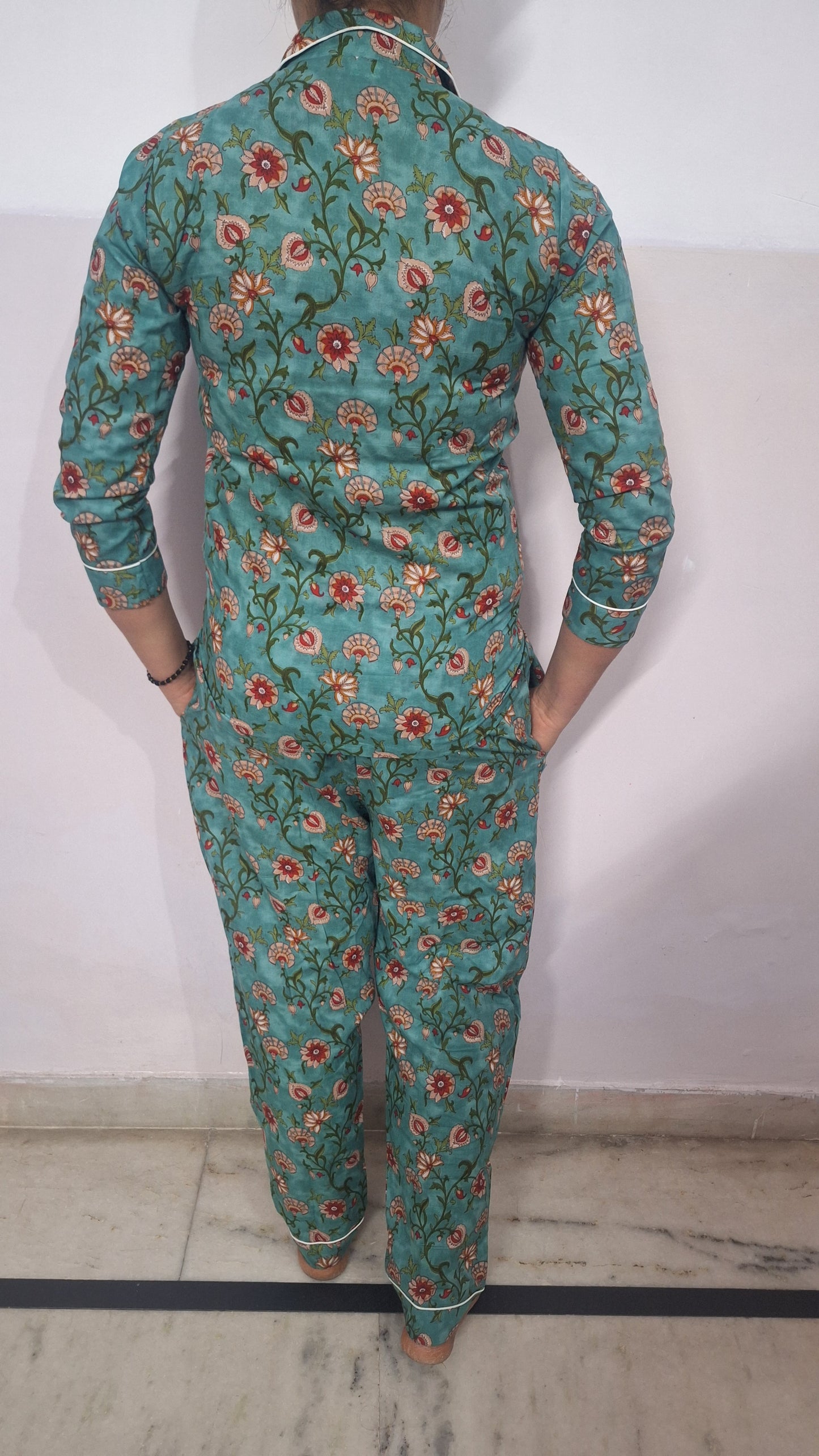 Turquoise Blue Floral Printed Cotton Night Suit