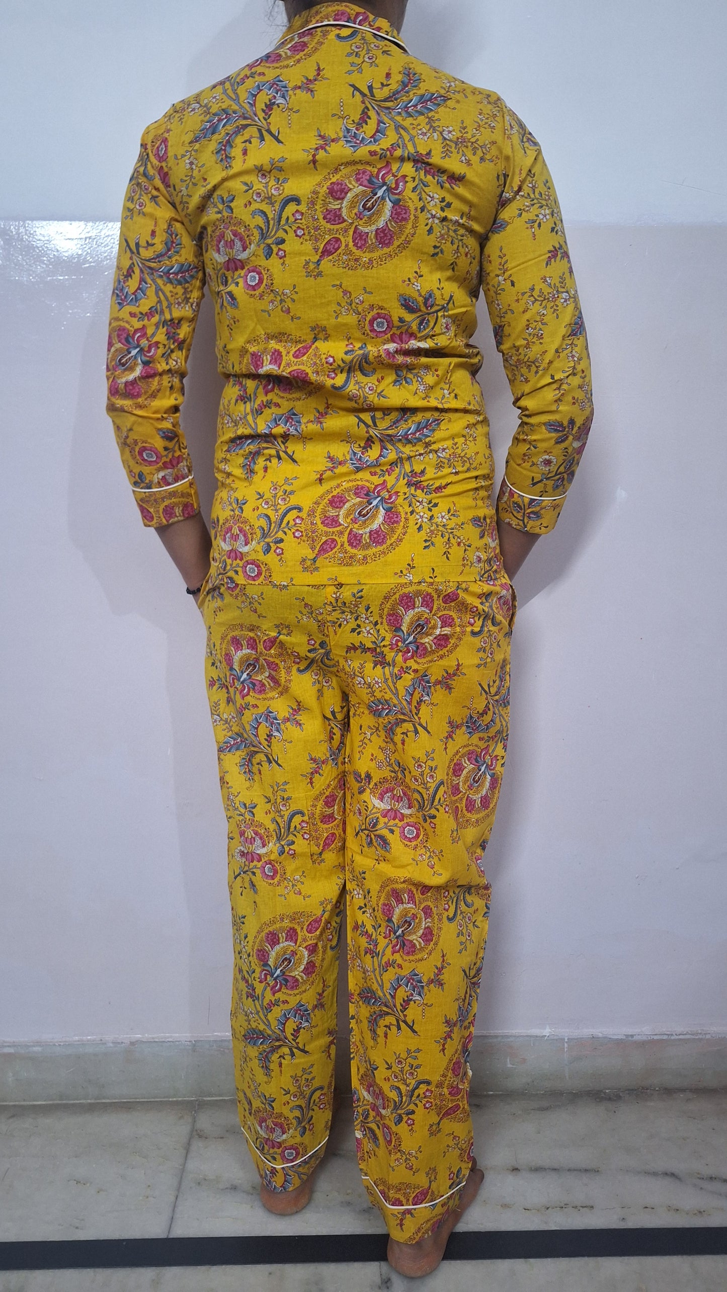 Mustard Yellow Floral Cotton Night Suit | Women Pajama Set Multicolor Flowers
