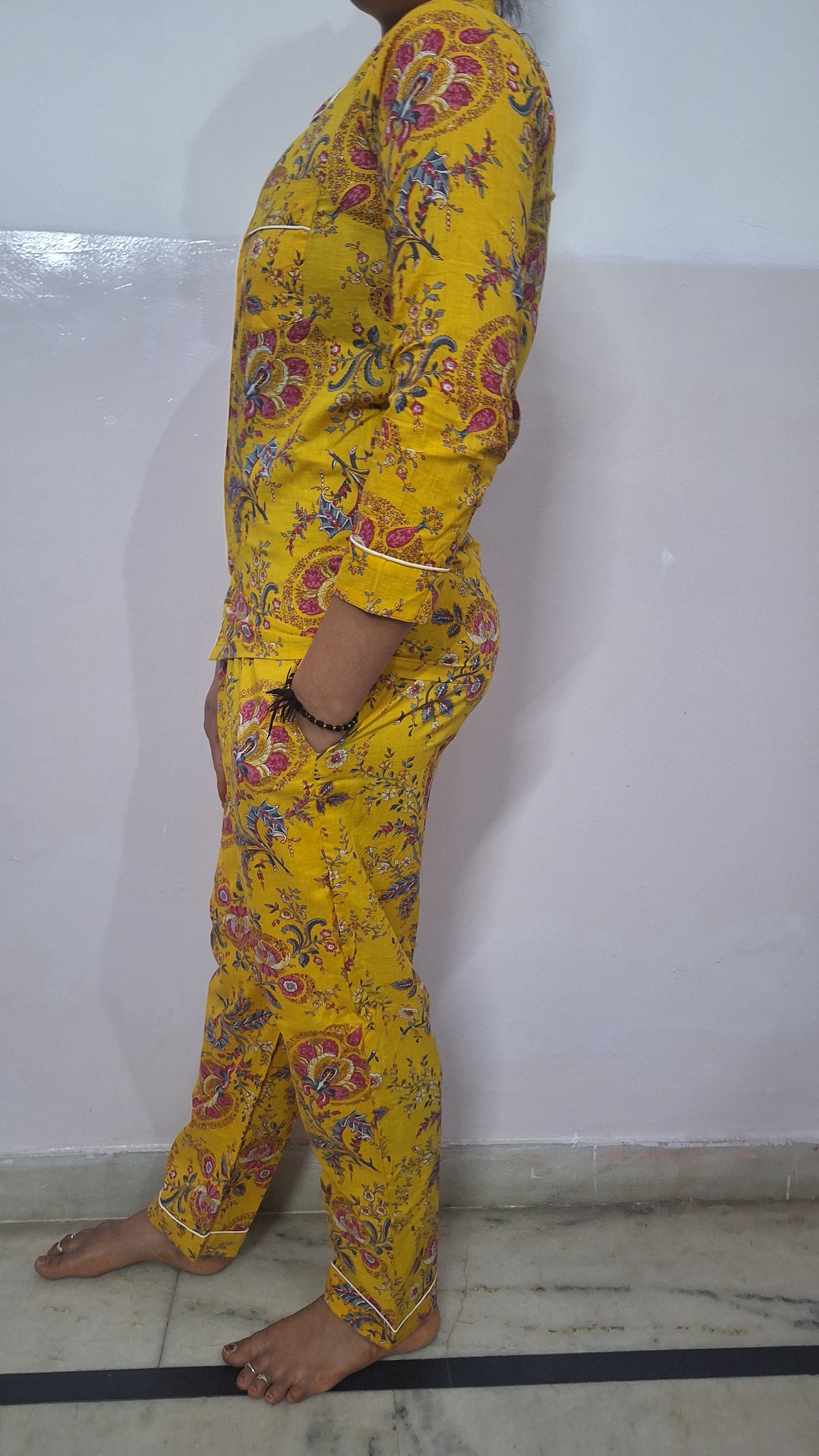 Mustard Yellow Floral Cotton Night Suit | Women Pajama Set Multicolor Flowers