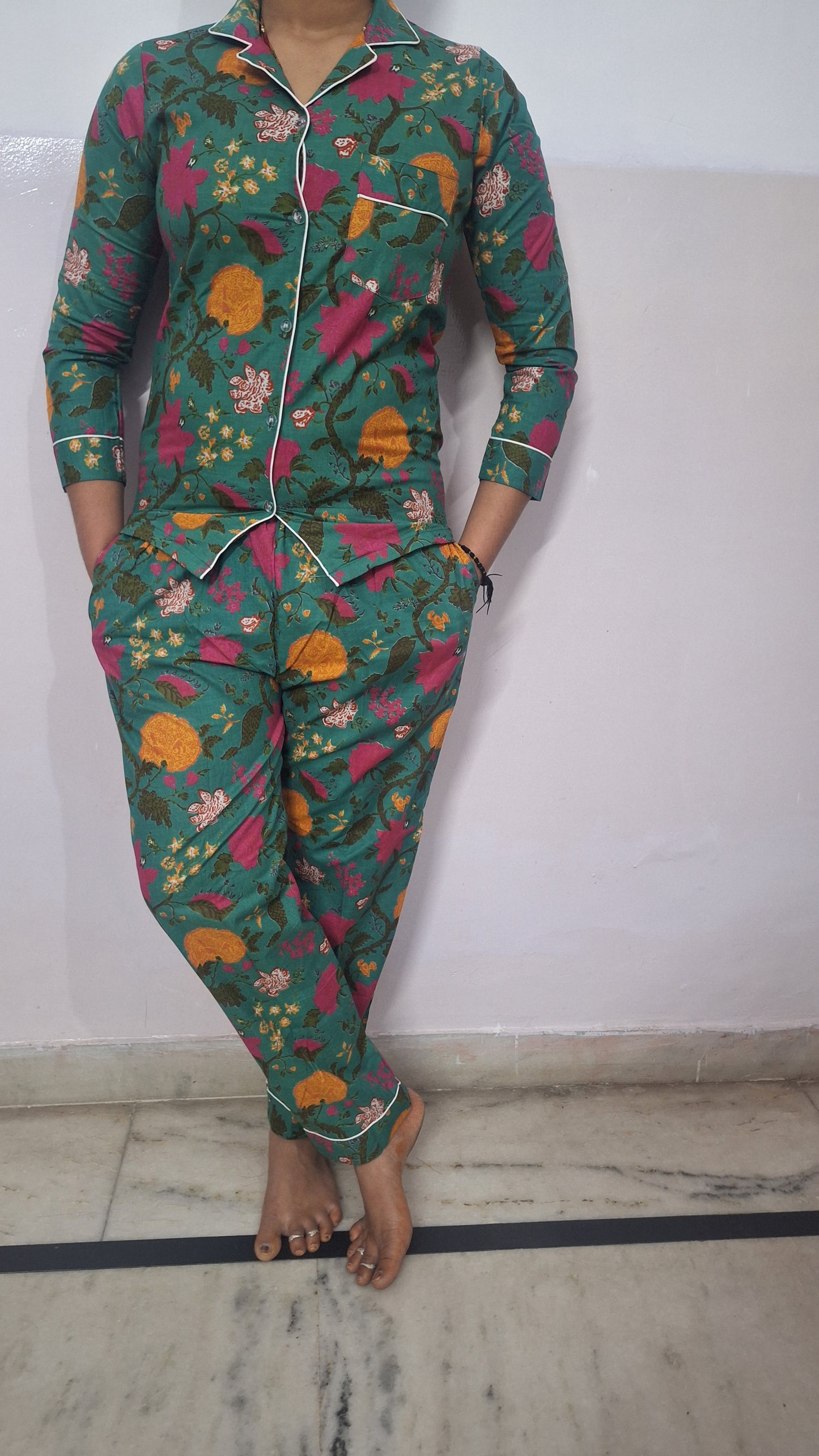 Beautiful Green Yellow Floral Lady Night Suit