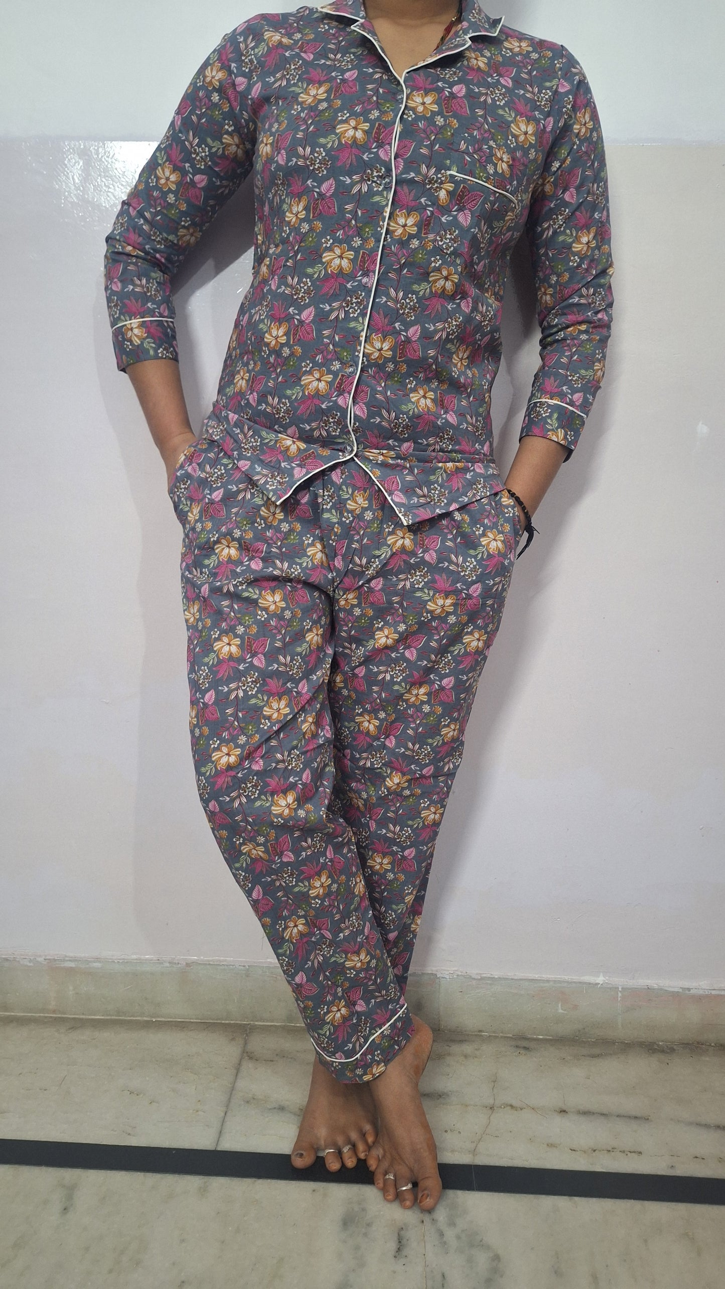 Butterfly Floral Jaal Print Women`s Cotton Night Suit