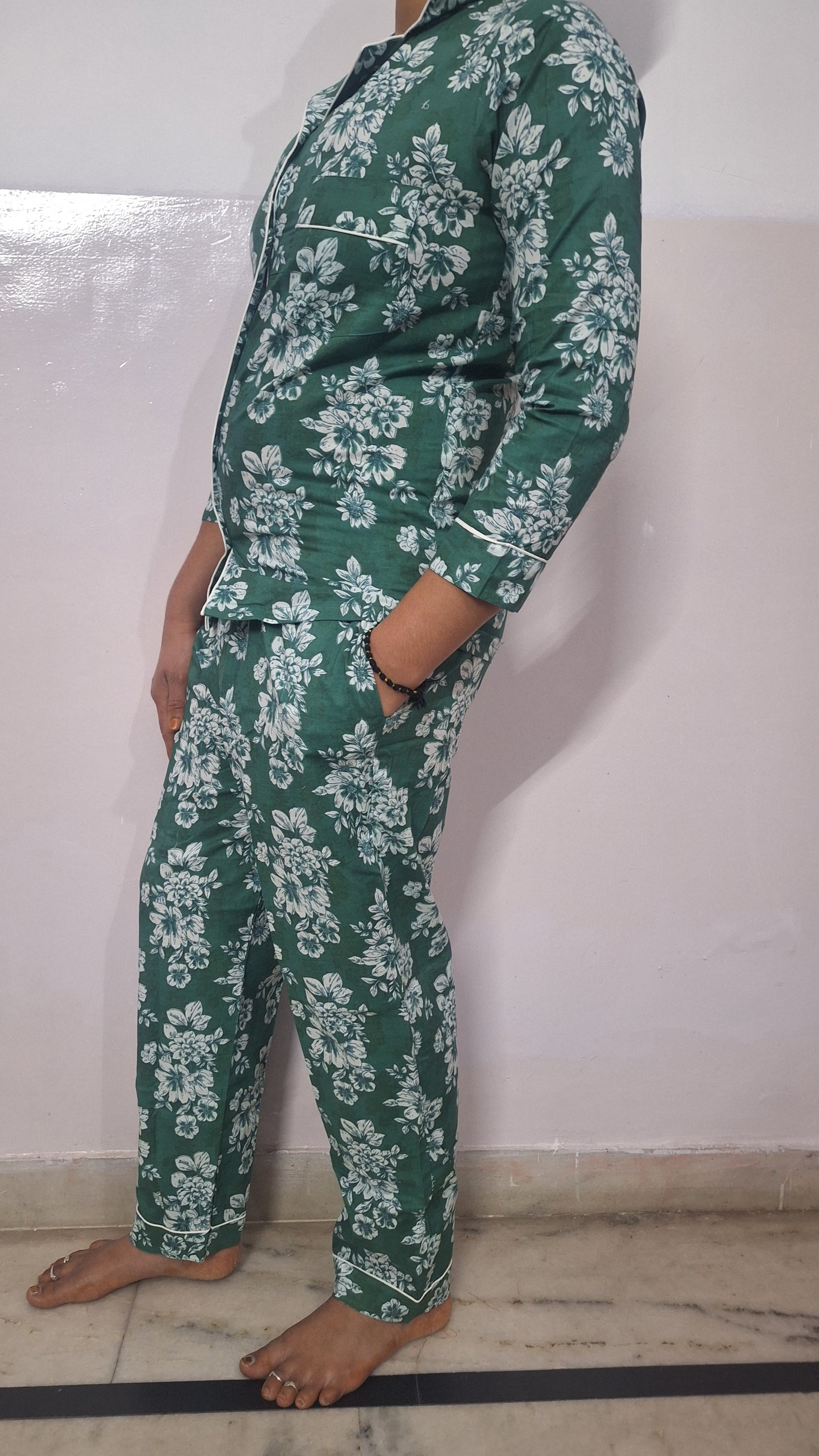 Ocean Green Floral Jaal Print Cotton Lady Night Suit