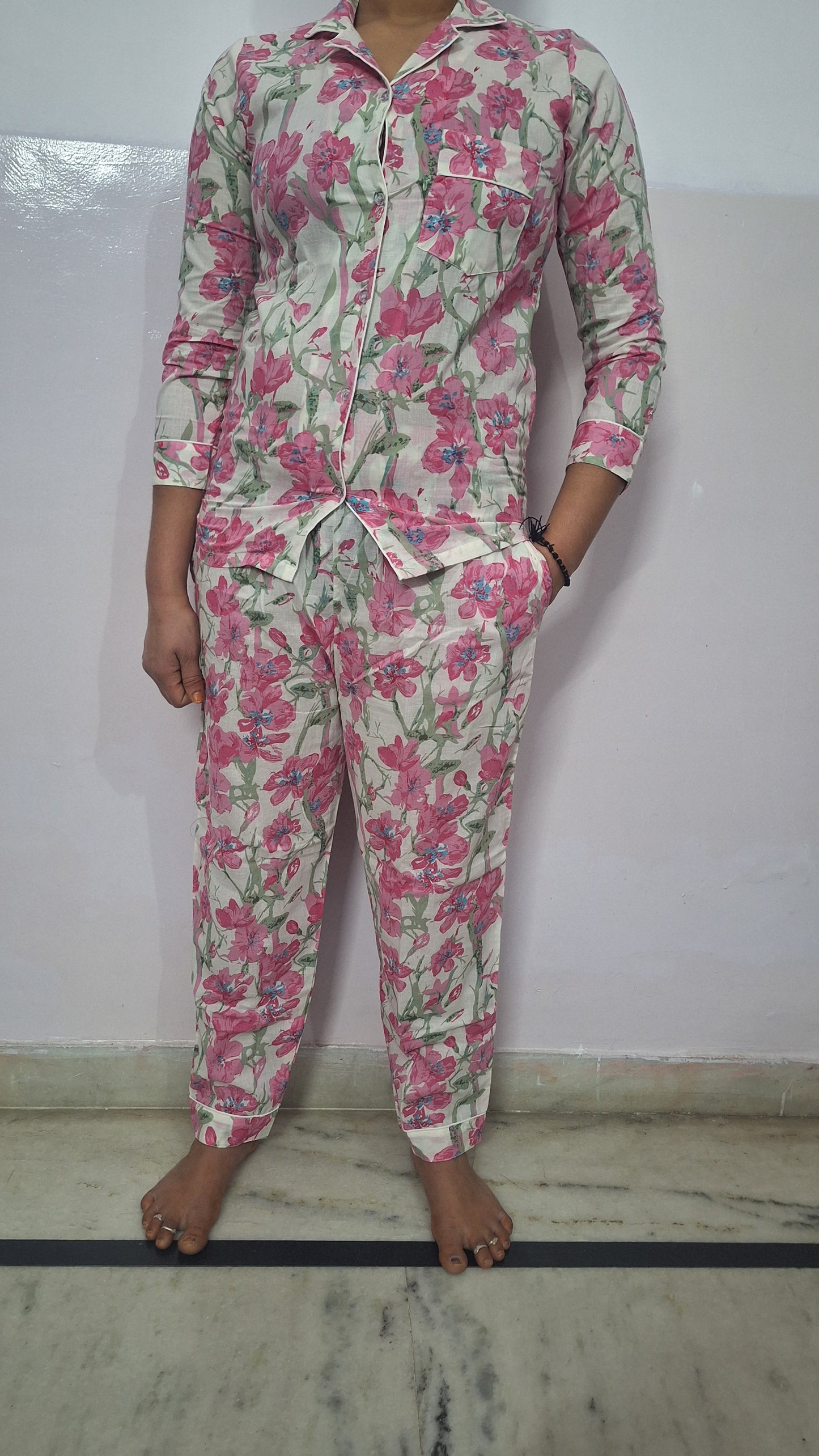 Blossom Pink Floral Print Women Cotton Night Suit For Comforty Sleep