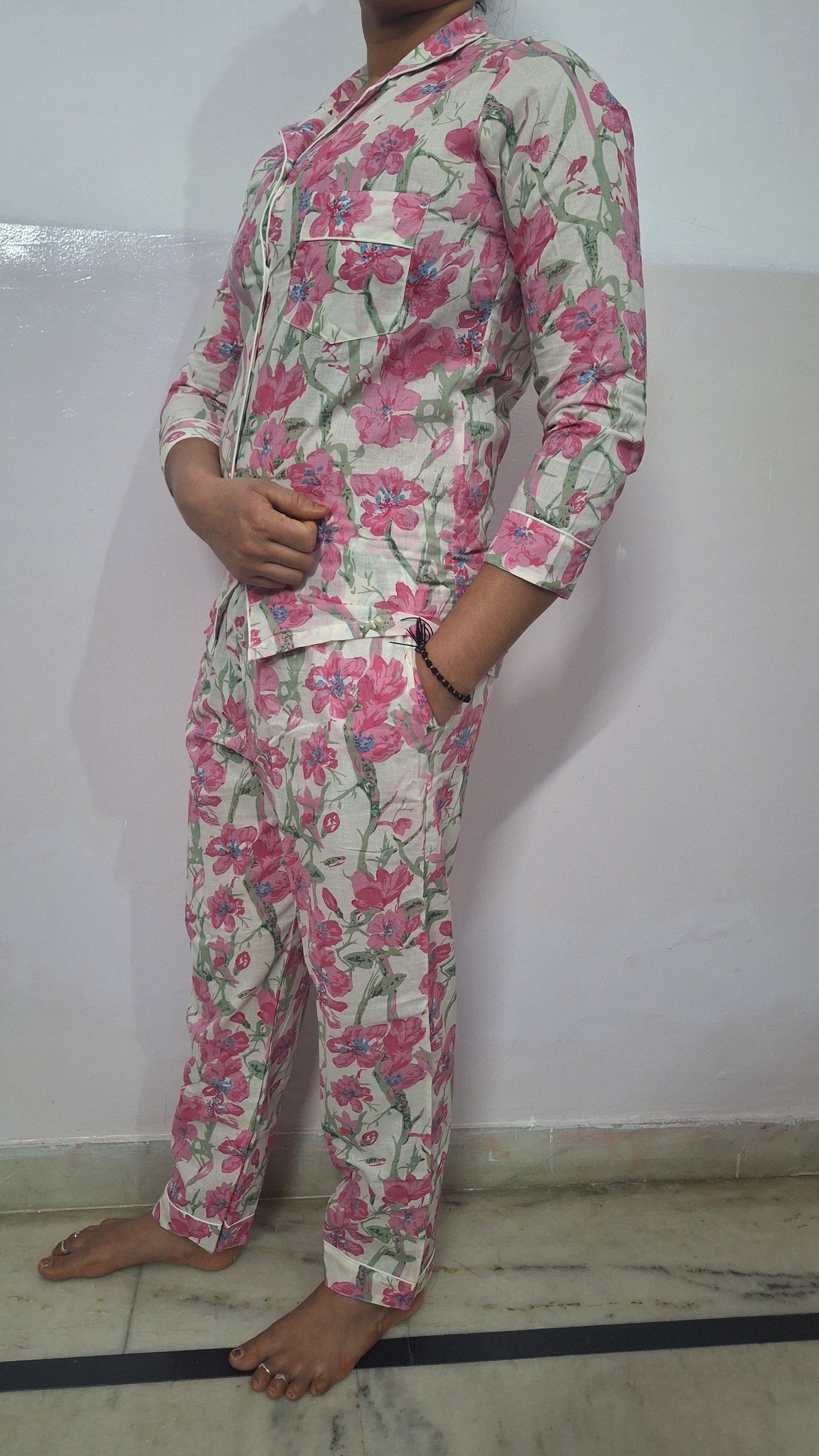 Blossom Pink Floral Print Women Cotton Night Suit For Comforty Sleep