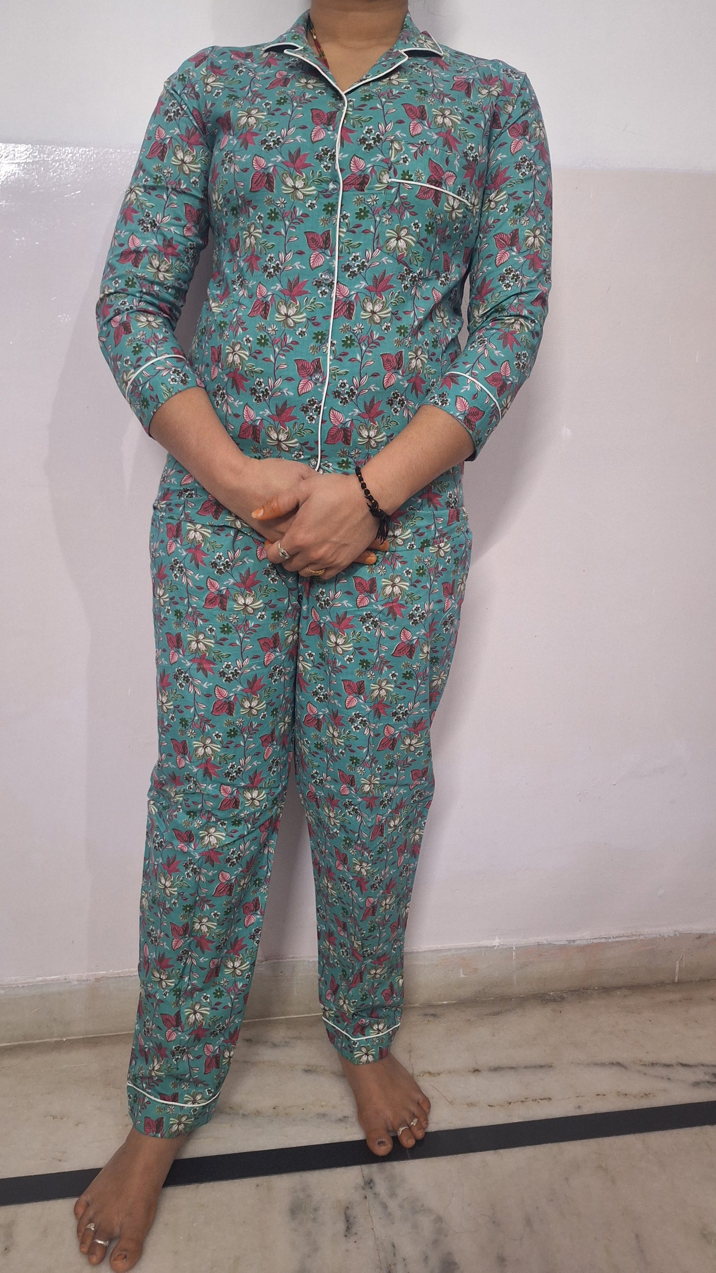 Green Butterfly Floral Print Cotton Women`s Night Suit