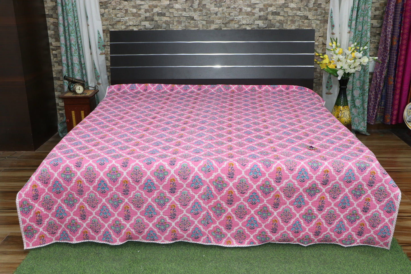 Amazing-Pink-Floral-Hand-Block-Printed-Quilted-Bedcover