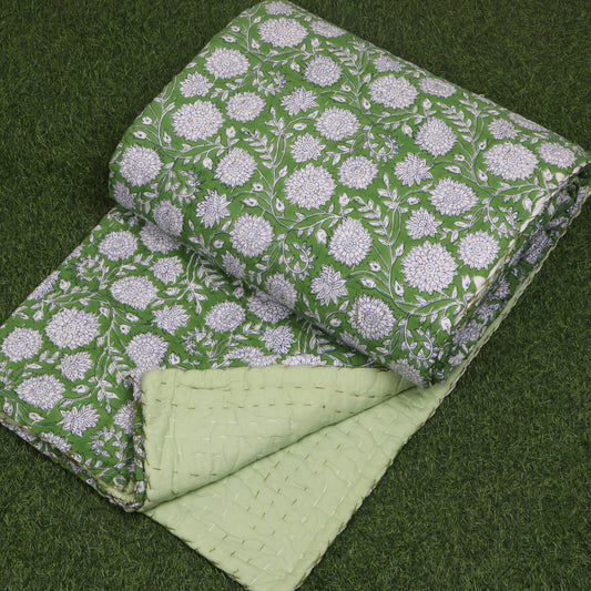 Beautiful-Green-Kitty-Block-Printed-Handmade-Kantha-Quilt