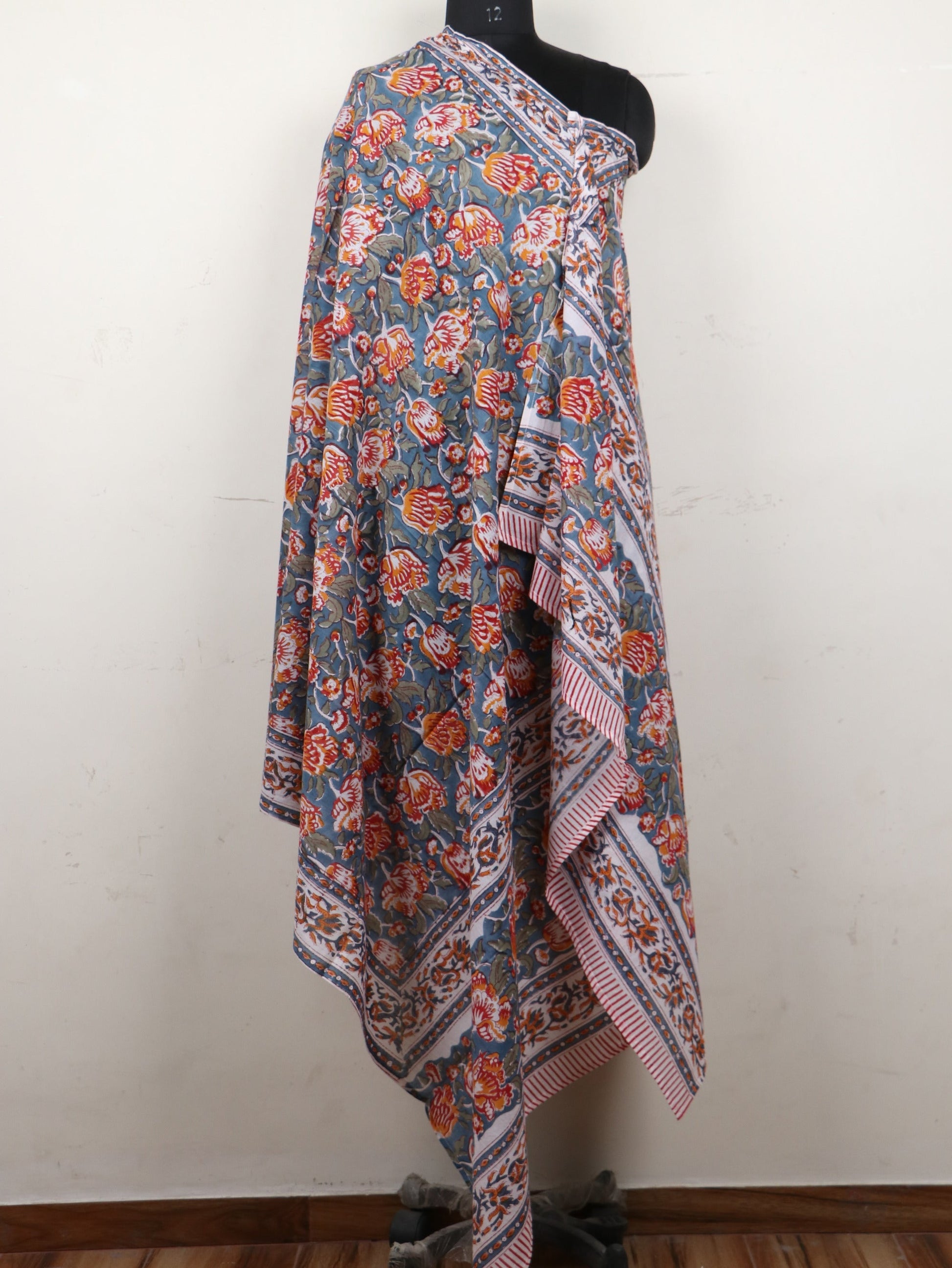 Gray-Base-Red-Flower-Hand-Block-Printed-Cotton-Dupatta