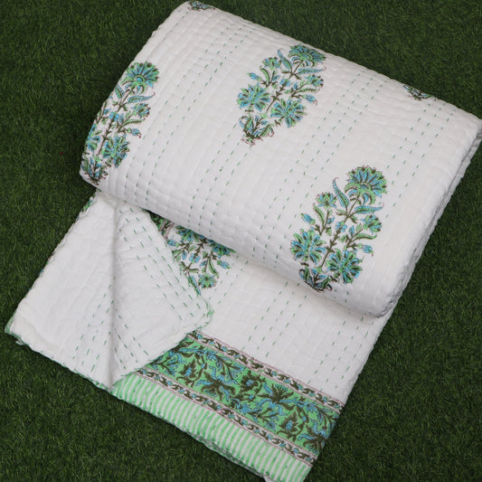 Hand-Block-Green-Mughal-Buta-Printed-Handmade-Kantha-Quilt