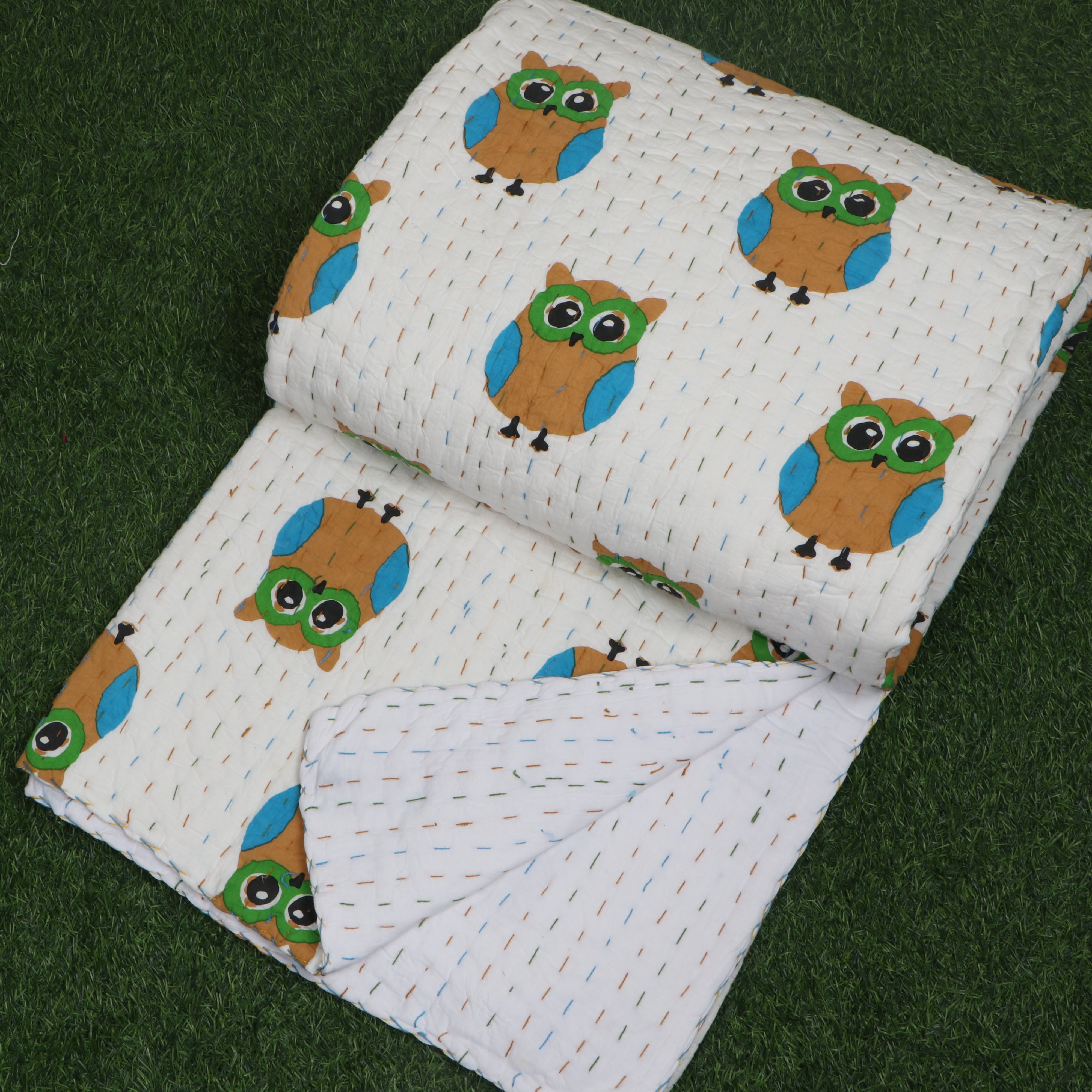 Hand-Block-Owl-Printed-Cotton-Kantha-Quilt