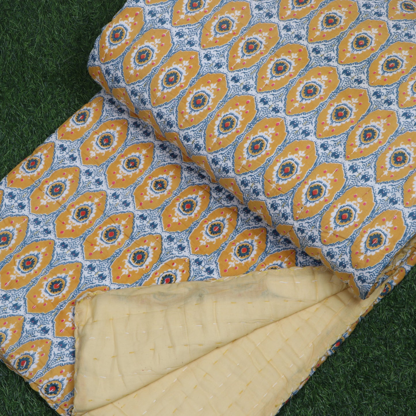 Hand-Block-Yellow-Cavity-Printed-Handmade-Kantha-Quilt