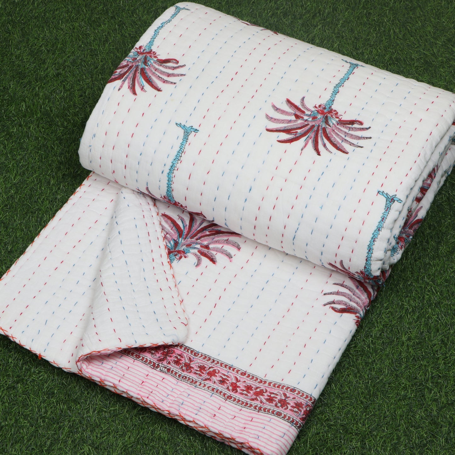 Pink-Palm-Tree-Printed-Handmade-Kantha-Quilt