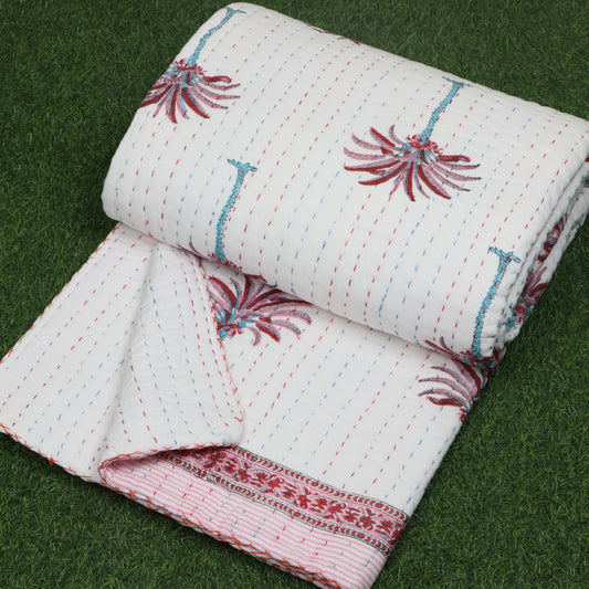 Pink-Palm-Tree-Printed-Handmade-Kantha-Quilt