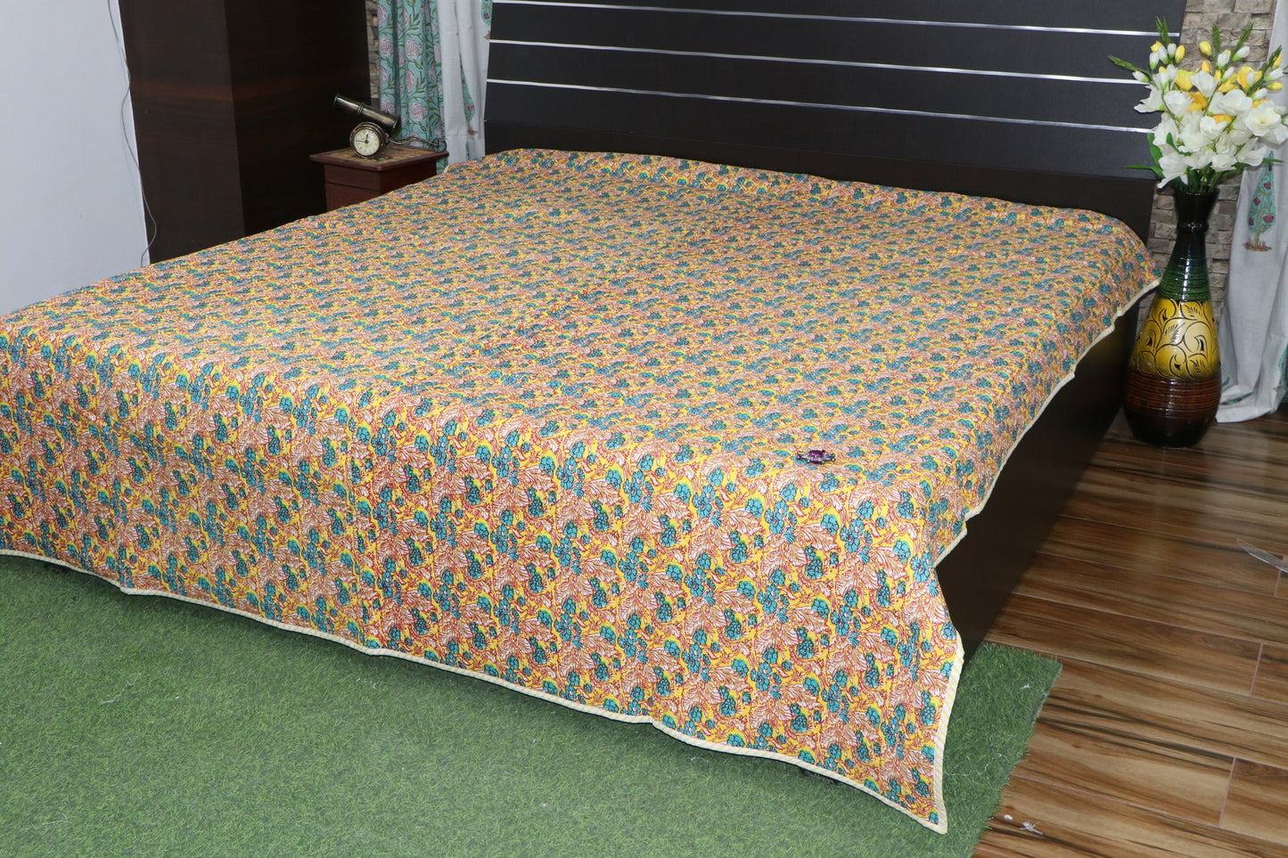 Red-And-Green-Multicolour-Floral-Block-Printed-Quilted-Bedcover