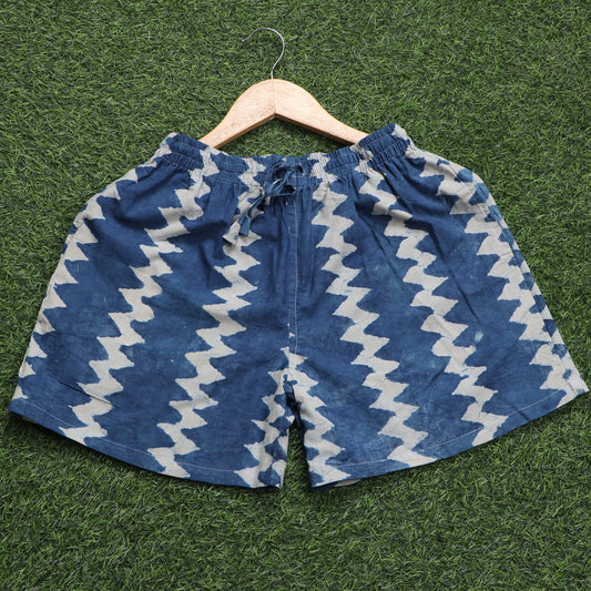 Indigo-Zigzag-Printed-Cotton-Shorts