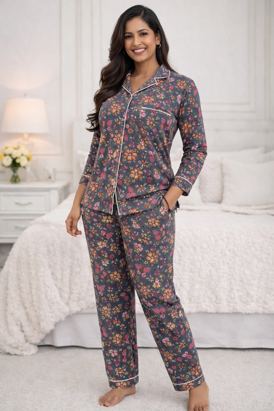 Butterfly Floral Jaal Print Women`s Cotton Night Suit