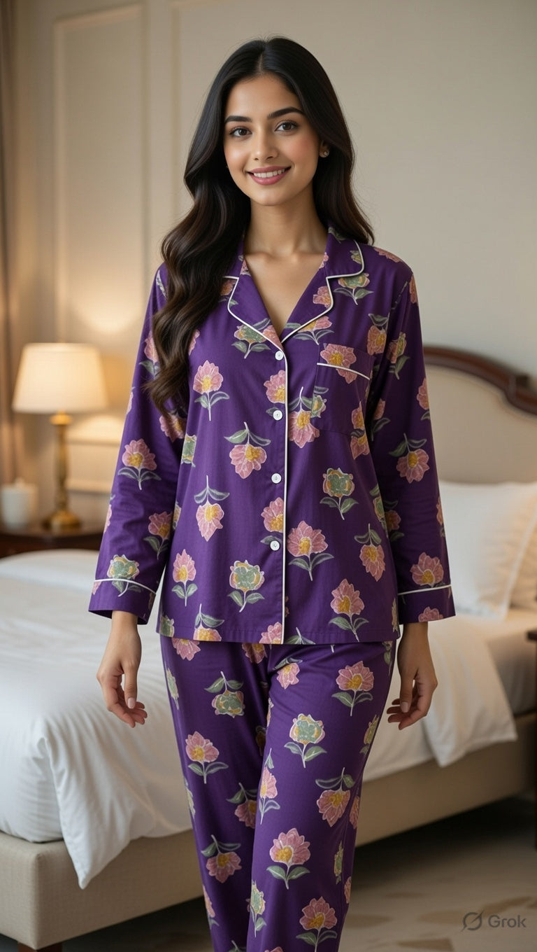 Woman wearing a purple floral pajama set in a bedroom.