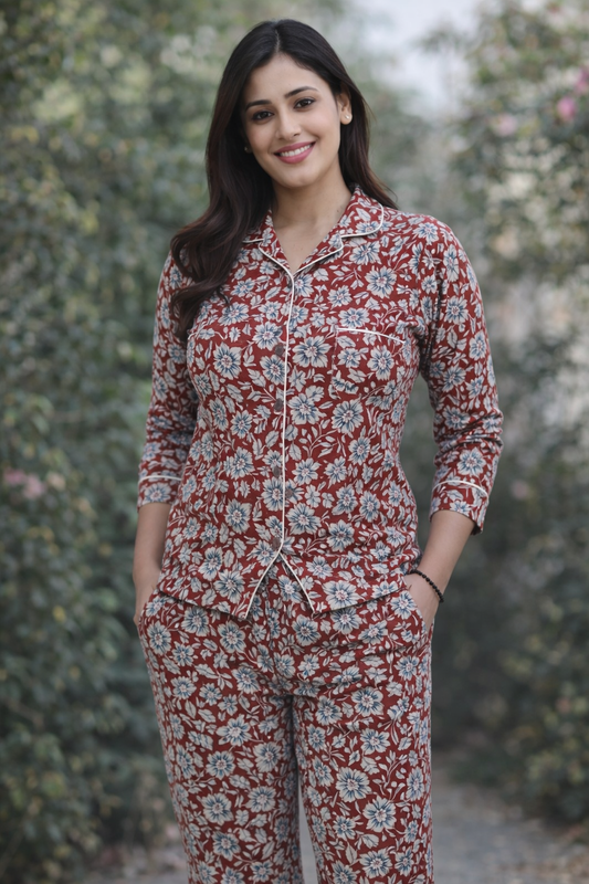 Maroon Floral Hand Block Printed Cotton Night Suit