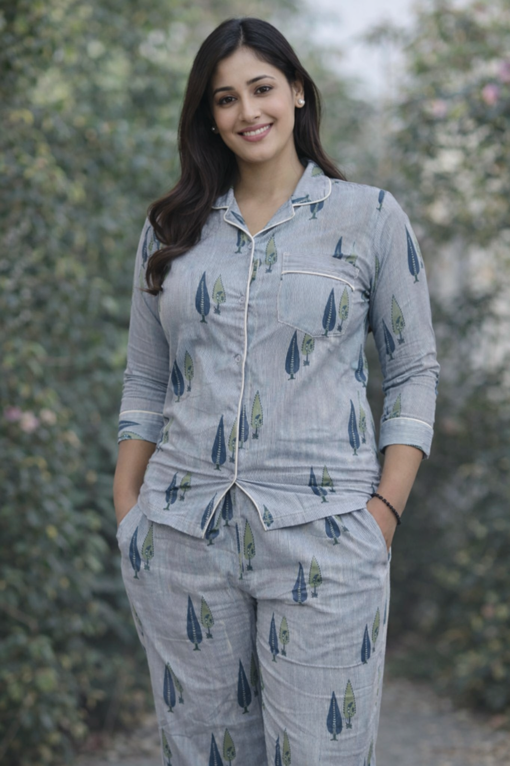 Woman wearing cotton night suit with a nature-themed pattern against a blurred green background