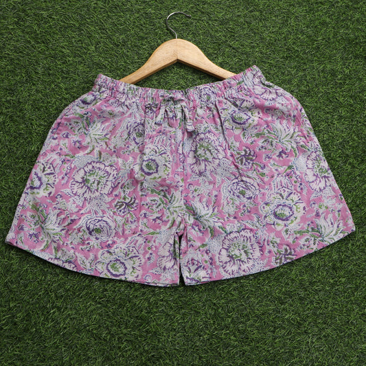 Purple-Open-Flower-Printed-Cotton-Shorts