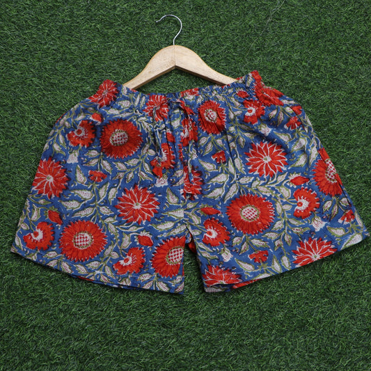 Red-Flower-Hand-Block-Printed-Cotton-Shorts